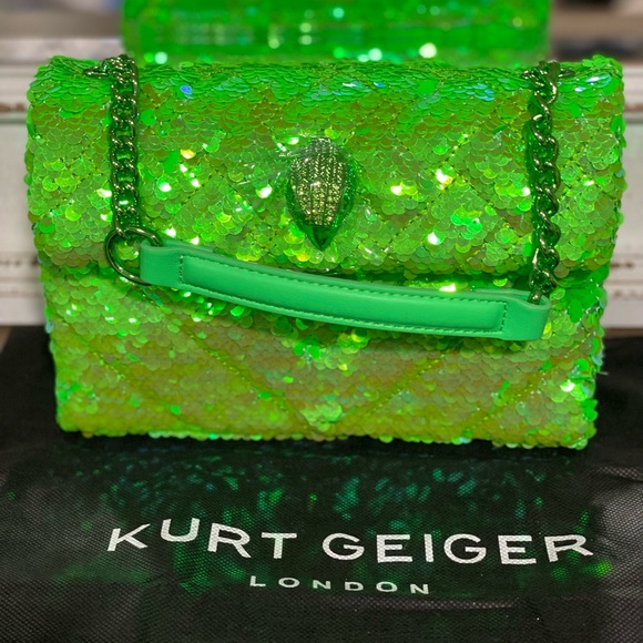 NWT KURT GEIGER LONDON Kensington Lime Green Sequins Quilted Crossbody Bag - Picture 4 of 10
